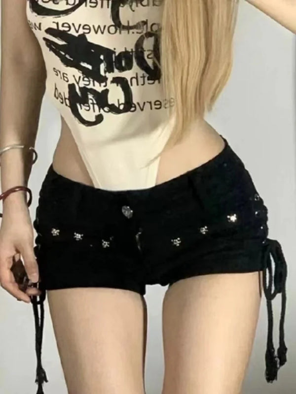 Women's Lace-Up Skinny Denim Shorts: Retro Streetwear with Rivet Accents