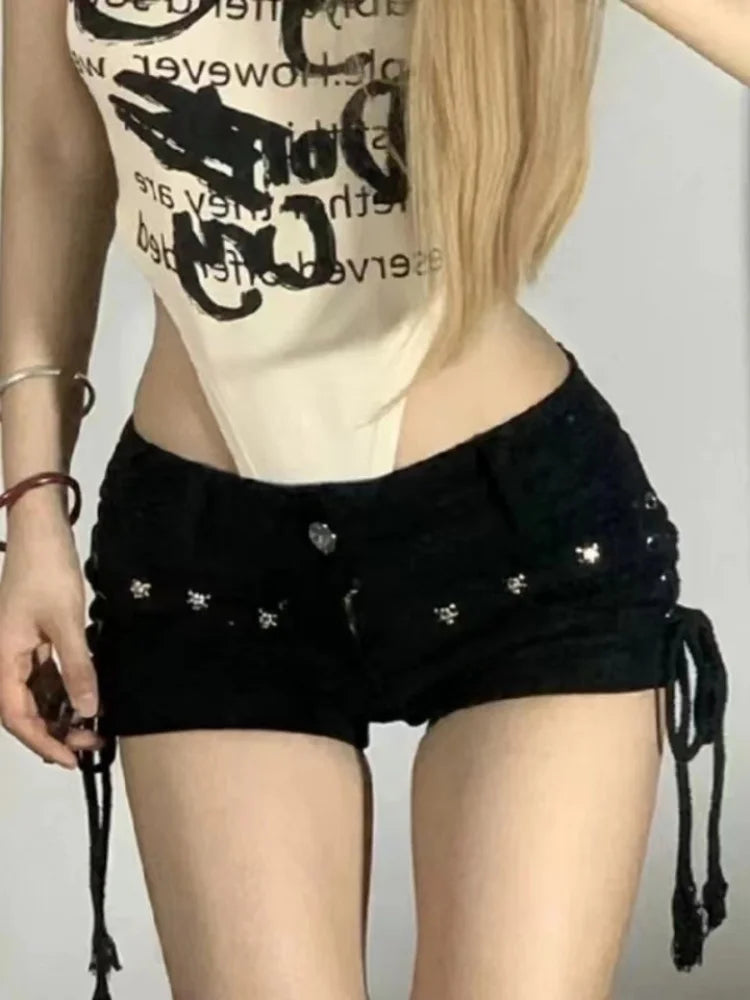 Women's Lace-Up Skinny Denim Shorts: Retro Streetwear with Rivet Accents