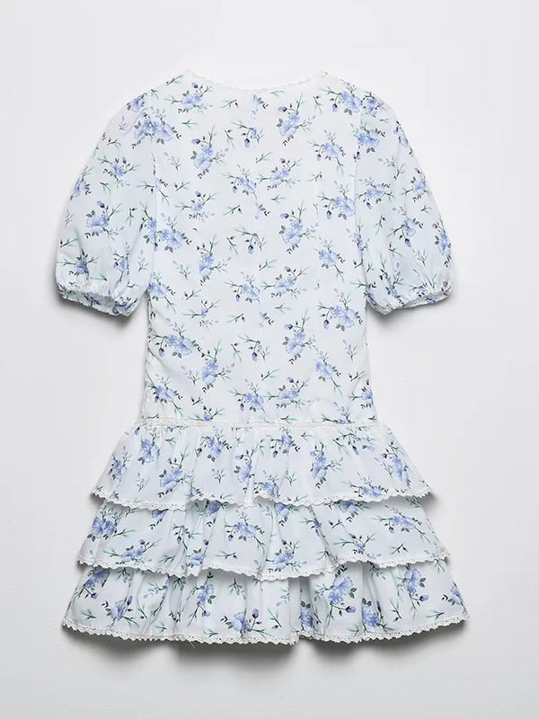 Lace-Embroidered Mini Dress | Floral Prairie Dress with Puff Sleeves - Women's Layered Ruffle Summer Dress