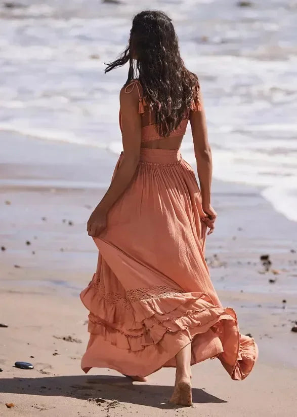 Boho Cotton Maxi Dress | Lace Trim Beach Cover Up - Women's Sleeveless Sundress with Elastic Waist & Ruffled Hem