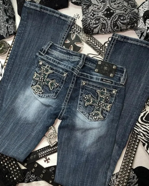 Embroidery Baggy Jeans | Women's Harajuku Streetwear | Vintage High-Street Hip Hop Trousers (Cotton-Poly Blend)
