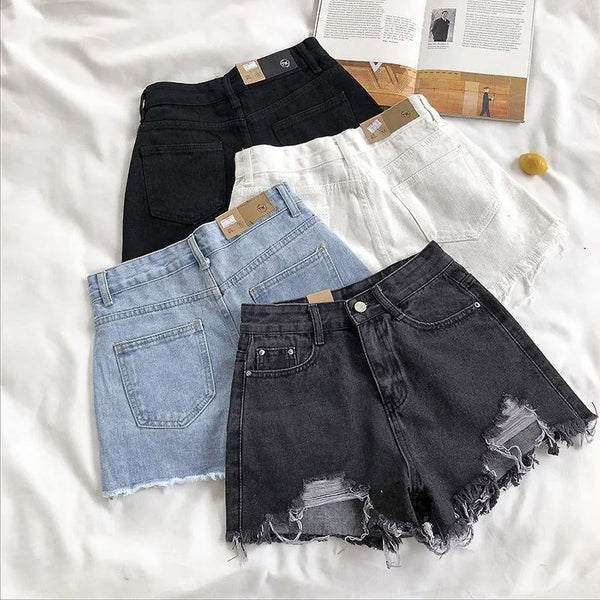 Women's Distressed High-Waist Denim Shorts: Ripped Tassel Detail Streetwear Hot Pants
