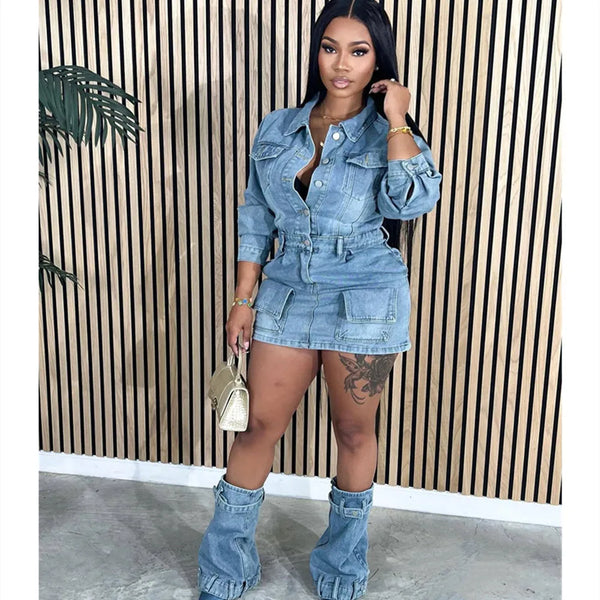 FAGADOER Women's Denim Mini Dress - Long Sleeve Cowboy Style w/ Detachable Leg Garter & Pockets | Blue Western Streetwear