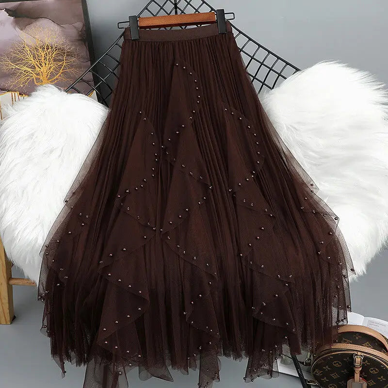 Chamliforve Women's Tulle Fairy Skirt | Empire Waist Ankle-Length Tutu | Beaded A-Line Mesh Skirt (One Size)