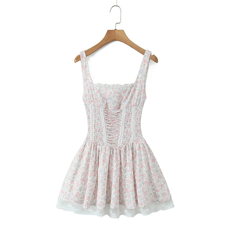 YENKYE Women's Floral Lace Mini Dress - Prairie Chic A-Line w/ Bandage Detail & Spaghetti Straps | Summer Holiday Party Wear