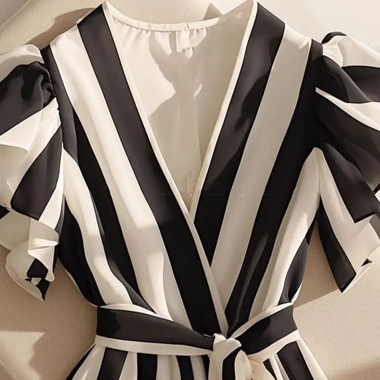 Women’s 2024 Summer Korean-Style V-Neck Striped Blouse – Short Sleeve Trendy Tops