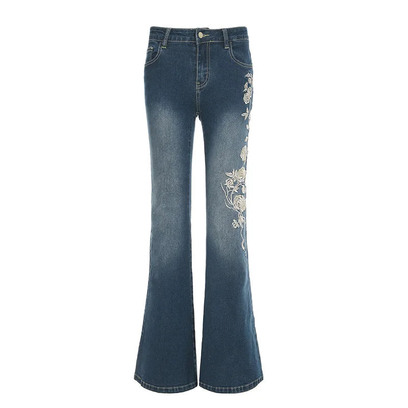 Low-Rise Rose Embroidered Flare Jeans | Retro Distressed Denim | Women's Cotton Blend Slimming Trousers