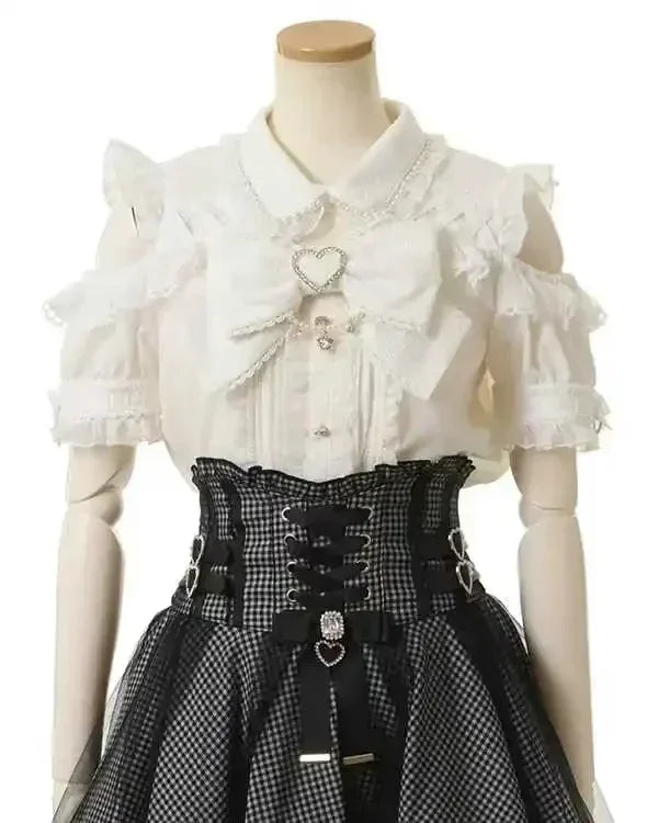Japanese-Style Summer Off-Shoulder Bow-Tie Short Sleeve Top & High-Waist Skirt 2-Piece Set for Women