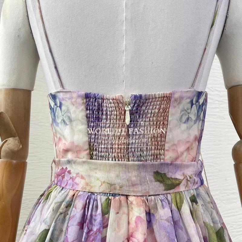 Women's Linen-Silk Floral Midi Dress | Vintage Square Neck & Empire Waist