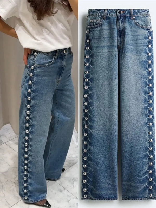 Women's Distressed Wide-Leg Jeans | High-Waisted Vintage Denim | Metal Rivet Embroidered Trousers