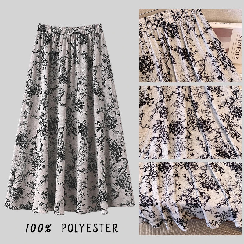 Plus Size Women's Chinese Print A-Line Skirt | Empire Waist Summer Skirt | Adjustable Length Polyester Maxi