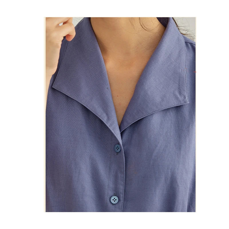 Vintage Linen Midi Dress | Elegant Lapel Collar Dress with Lantern Sleeves - Women's Single-Breasted Summer Dress