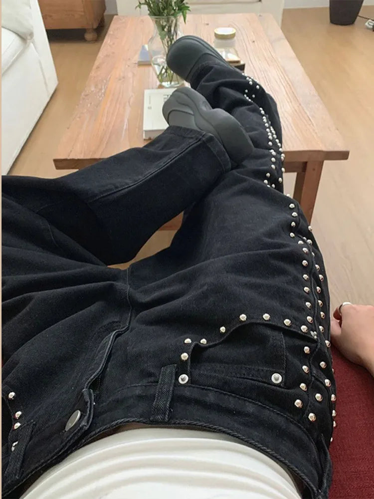 Women's Wide-Leg Jeans | High-Waisted Metal Rivet Denim | Distressed Vintage Trousers with Embroidered Flares