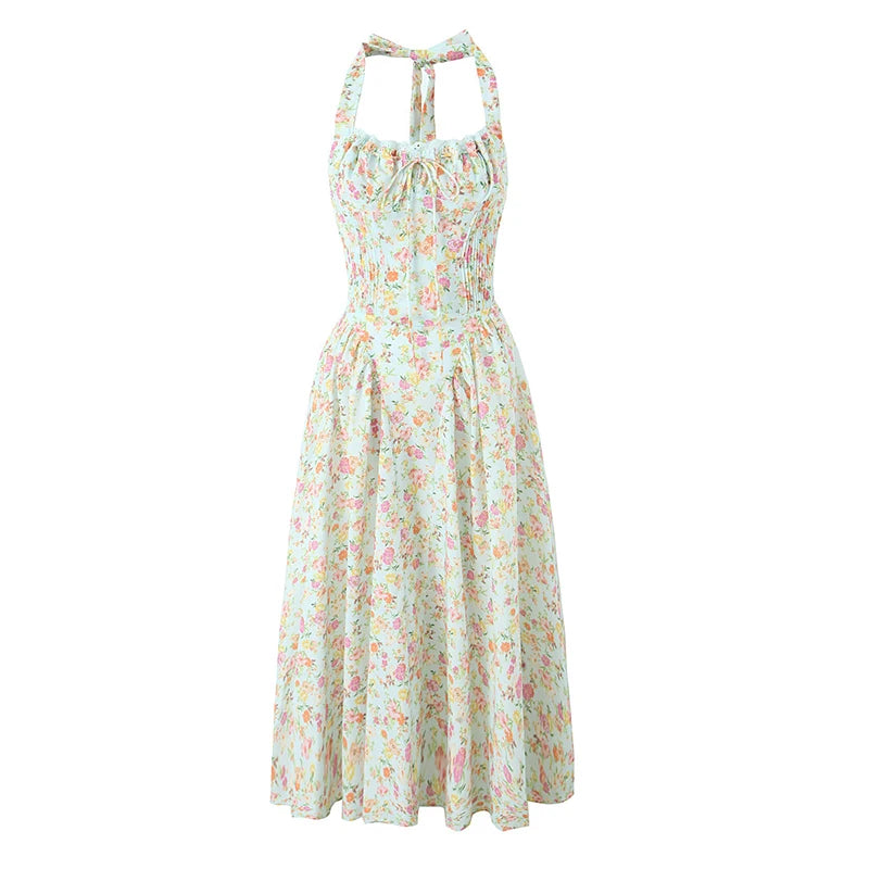 Backless Halter Midi Dress | Floral Lace Trim Dress with Low Waist - Women's Sexy Summer Party Dress