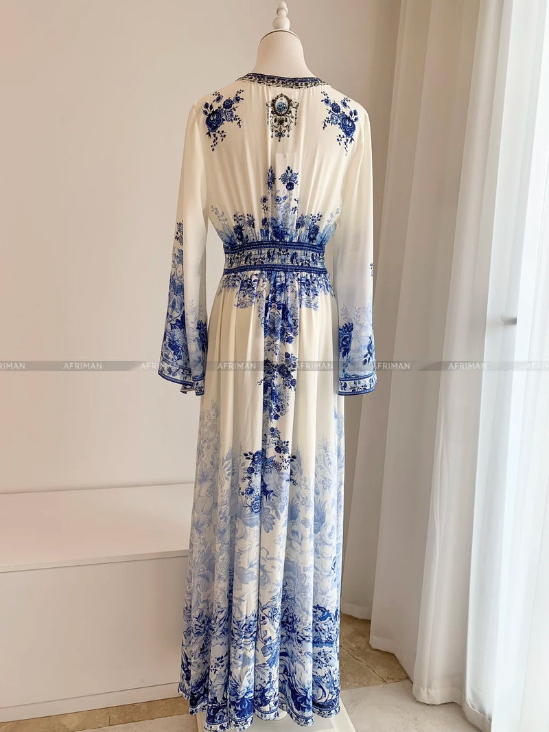 Artisan Blue-White Porcelain Maxi Dress: Crystal-Beaded Silk Gown with Dramatic Flare Sleeves