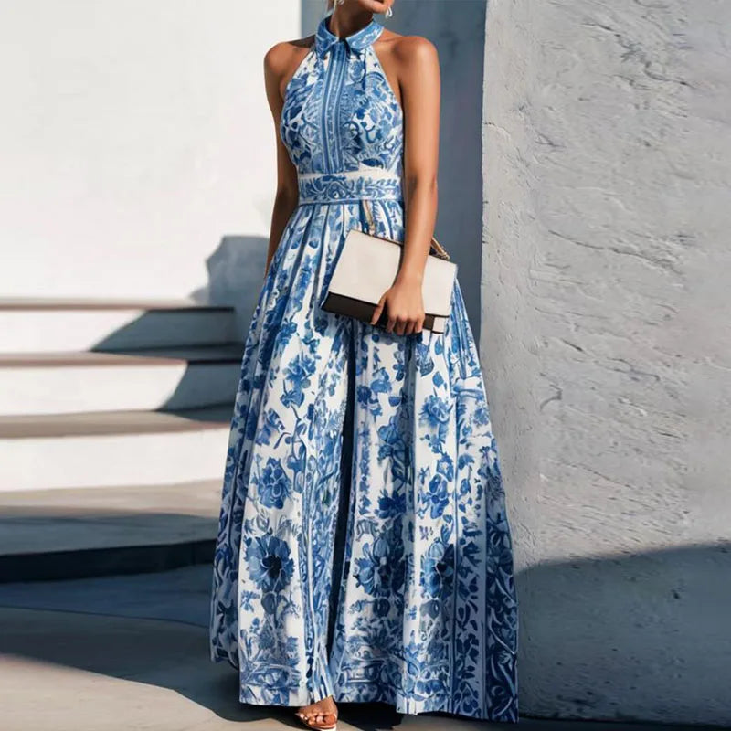 Vintage Floral Polo Collar Maxi Dress | Boho Sleeveless Loose Fit Dress with Hollow-Out Detail - Spring Summer 2025