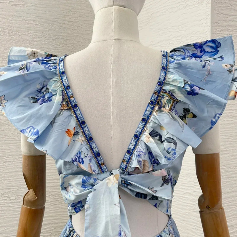 Vintage Blue Floral Maxi Dress | 100% Cotton Butterfly Sleeve Dress with Deep V-Neck & Empire Waist - Spring Summer Elegance