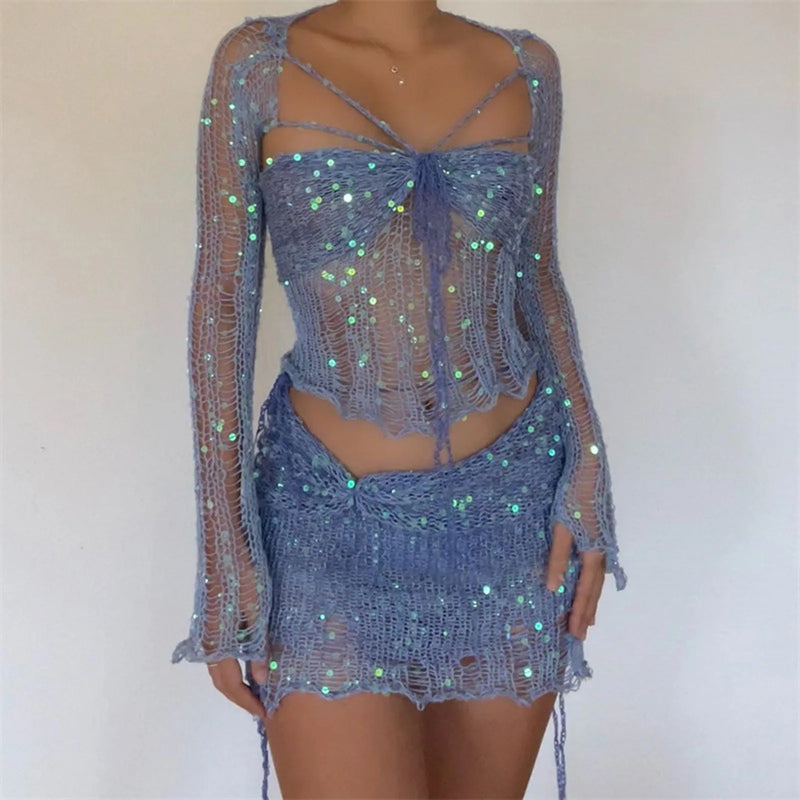 Sexy Sequins Knitted Hollow Out Two Piece Set Women Long Sleeve Cropped Top Mini Skirts 2025 Fashion Skirt Sets Female Outfits