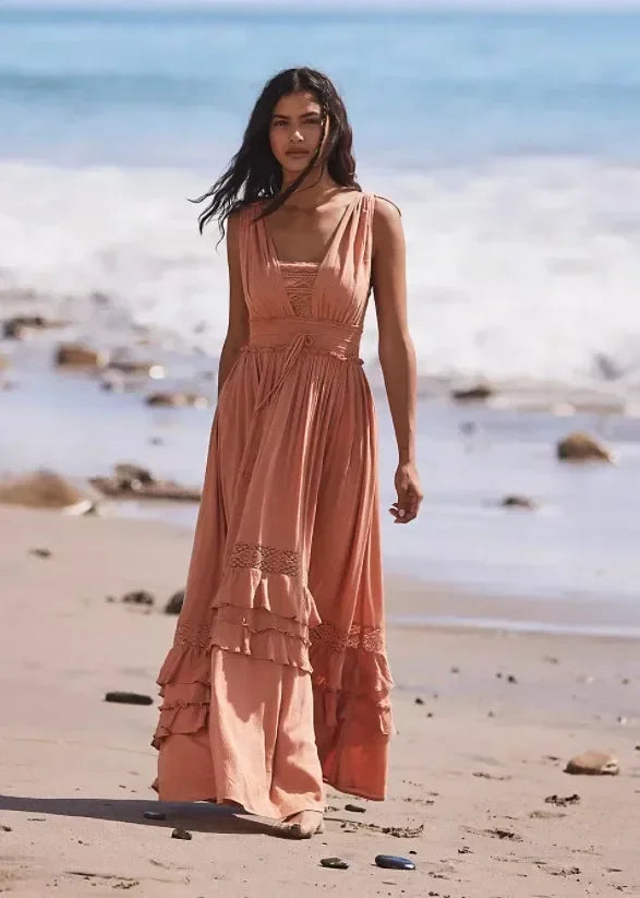 Boho Cotton Maxi Dress | Lace Trim Beach Cover Up - Women's Sleeveless Sundress with Elastic Waist & Ruffled Hem