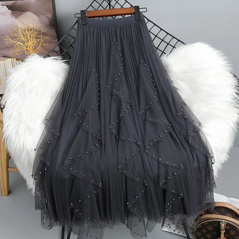Chamliforve Women's Tulle Fairy Skirt | Empire Waist Ankle-Length Tutu | Beaded A-Line Mesh Skirt (One Size)