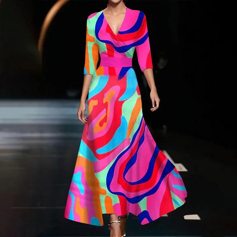 Bohemian Floral Print Maxi Dress | V-Neck 3/4 Sleeve Hollow Hem Dress - Spring Summer Party Wear