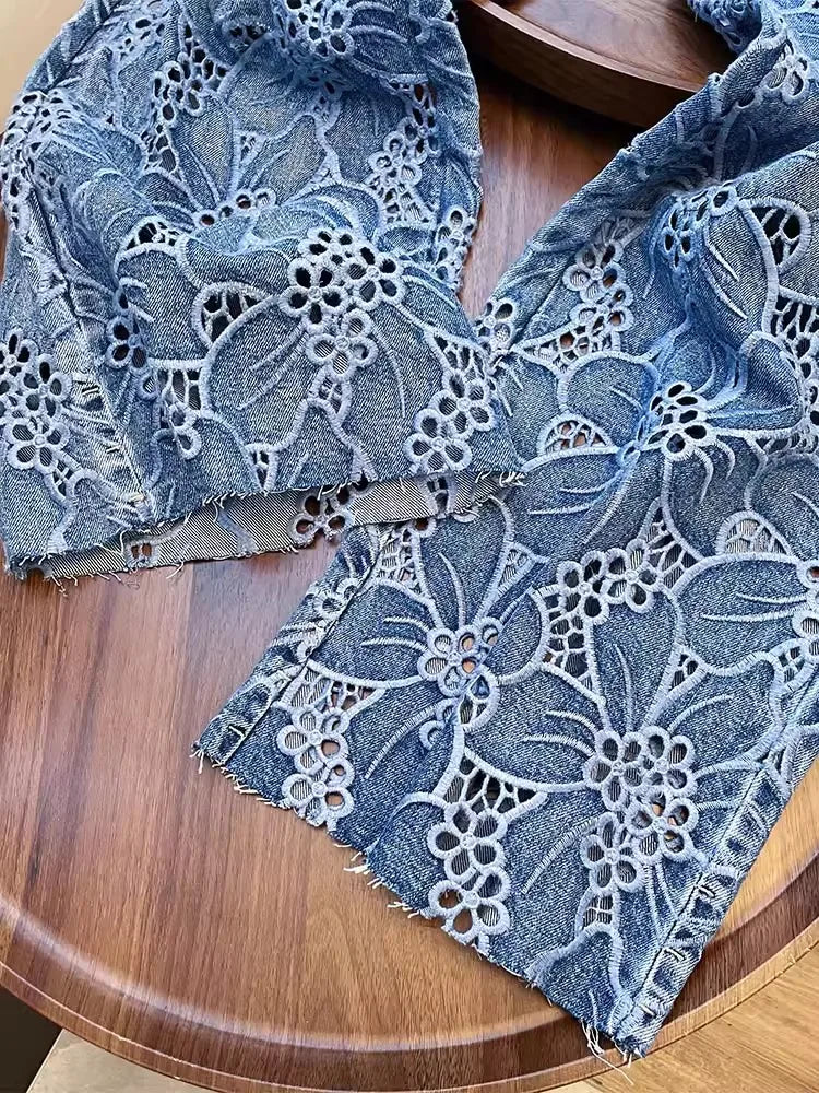 Women's Floral Embroidery Wide Leg Jeans | High Waist Lace-Spliced Summer Pants | Breathable Hollow Out Denim