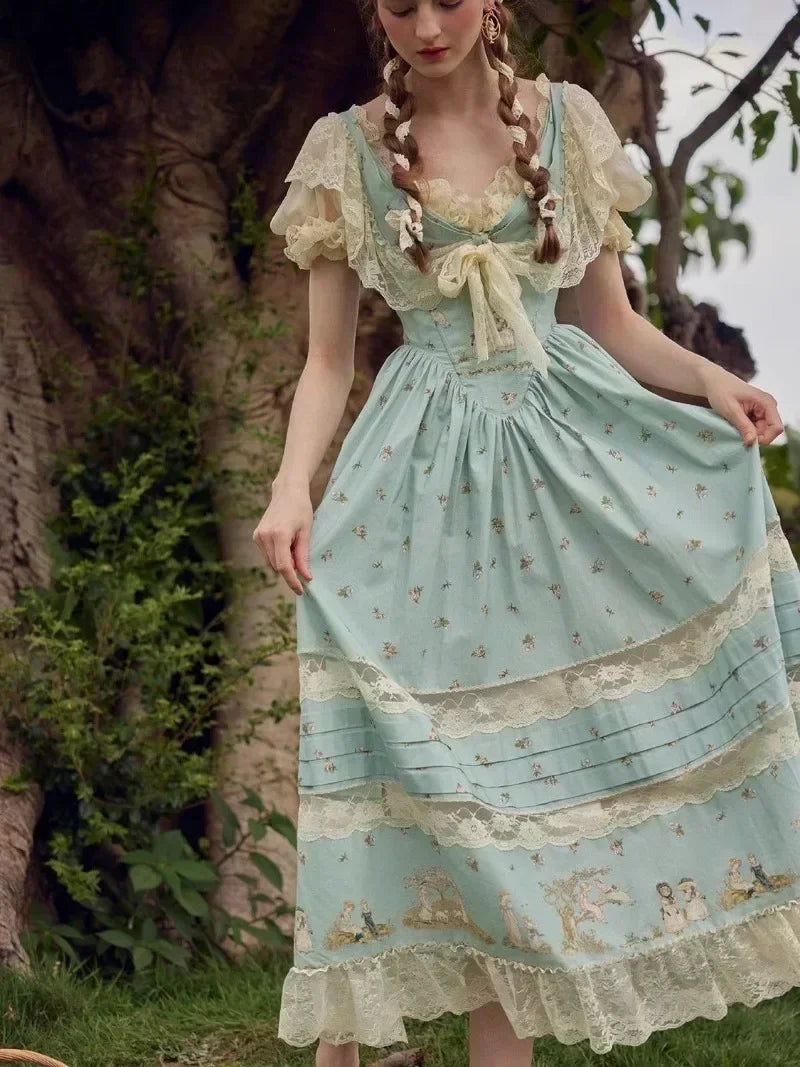 French Prairie Midi Dress | Lace Patchwork V-Neck Dress - Women's Puff Sleeve Summer Dress with Slim Fit