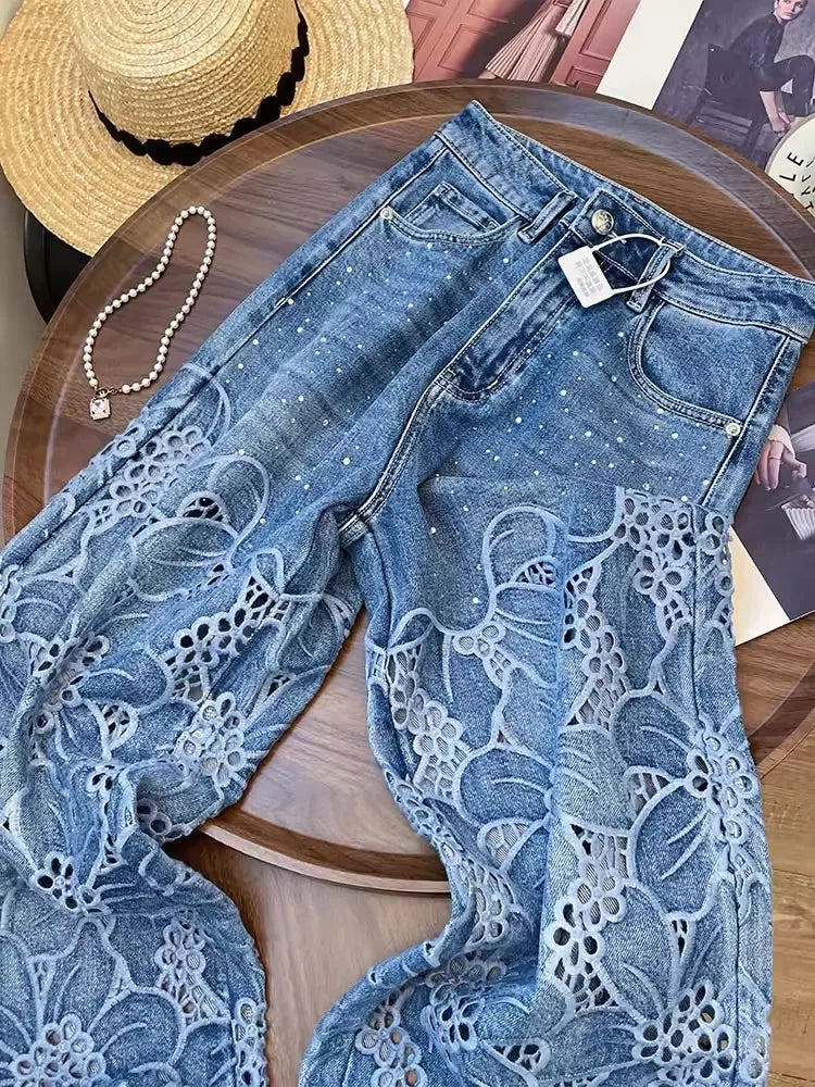 Women's Floral Embroidery Wide Leg Jeans | High Waist Lace-Spliced Summer Pants | Breathable Hollow Out Denim