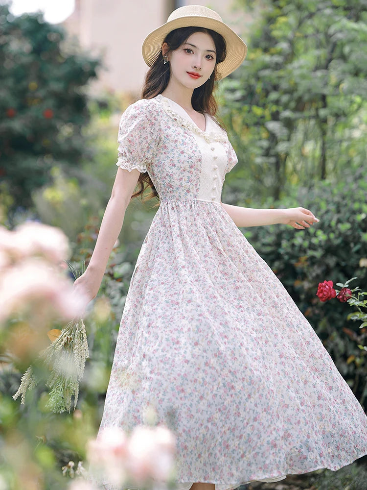 French Prairie Dress | Floral Lace Trim Puff Sleeve Dress - Women's Empire Waist Midi Dress for Garden Parties
