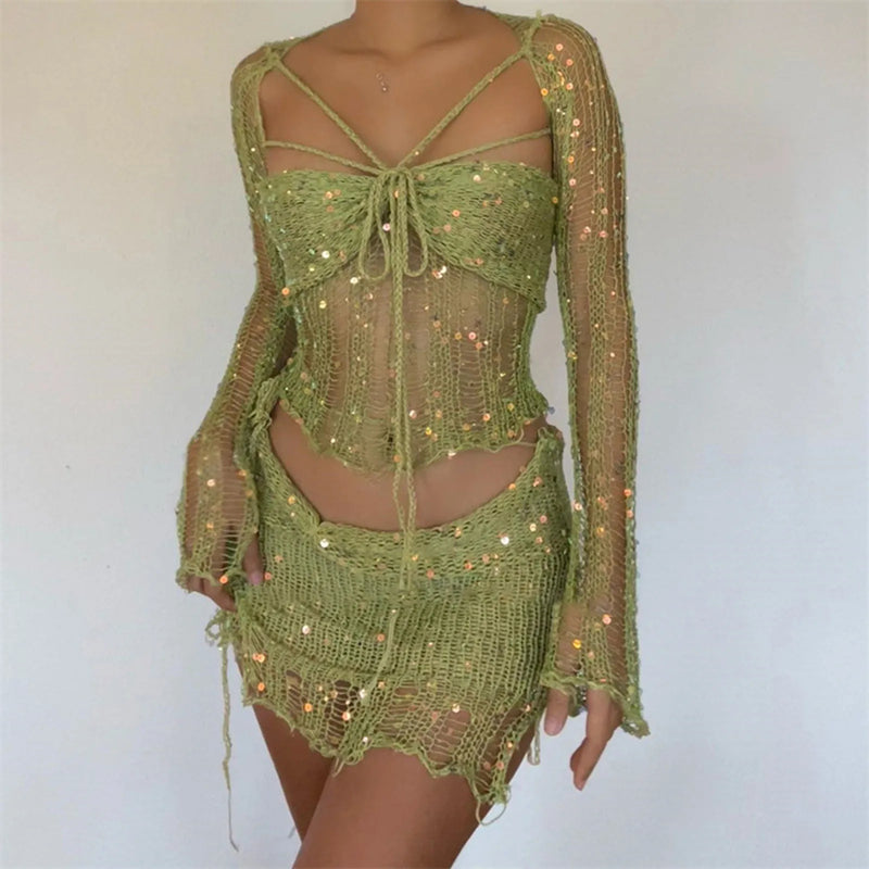 Sexy Sequins Knitted Hollow Out Two Piece Set Women Long Sleeve Cropped Top Mini Skirts 2025 Fashion Skirt Sets Female Outfits