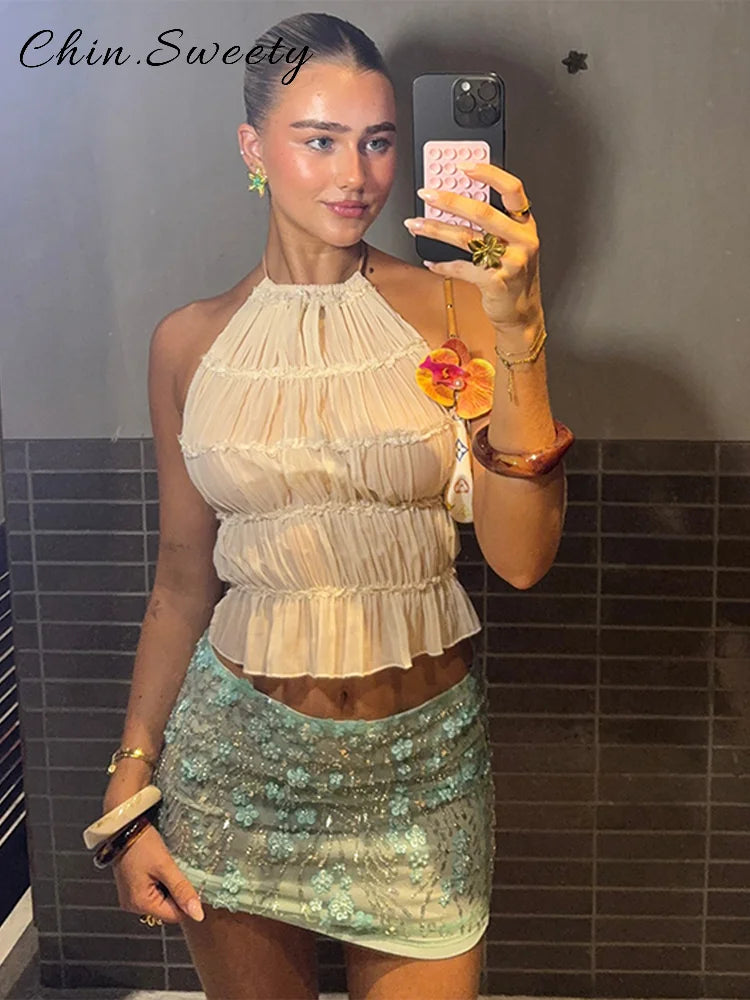 Sheer Beaded Mini Skirt | Sexy Empire Waist A-Line | Sequin Club & Beach Skirt