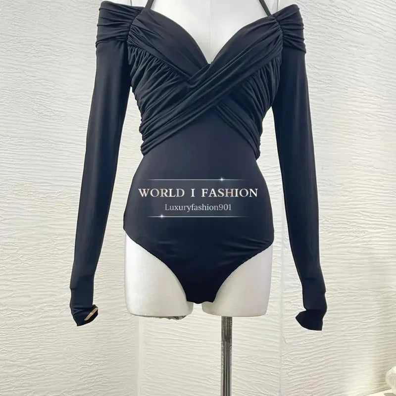 Summer Black Halter Bodysuit for Women – Off Shoulder, Cut-Out Waist, Ruched Detailing, Trendy Beachwear 2025