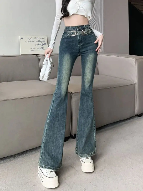 Women's Korean-Style Cowboy Flare Jeans | High-Waisted Fitted Retro Trousers | Distressed Vintage Denim