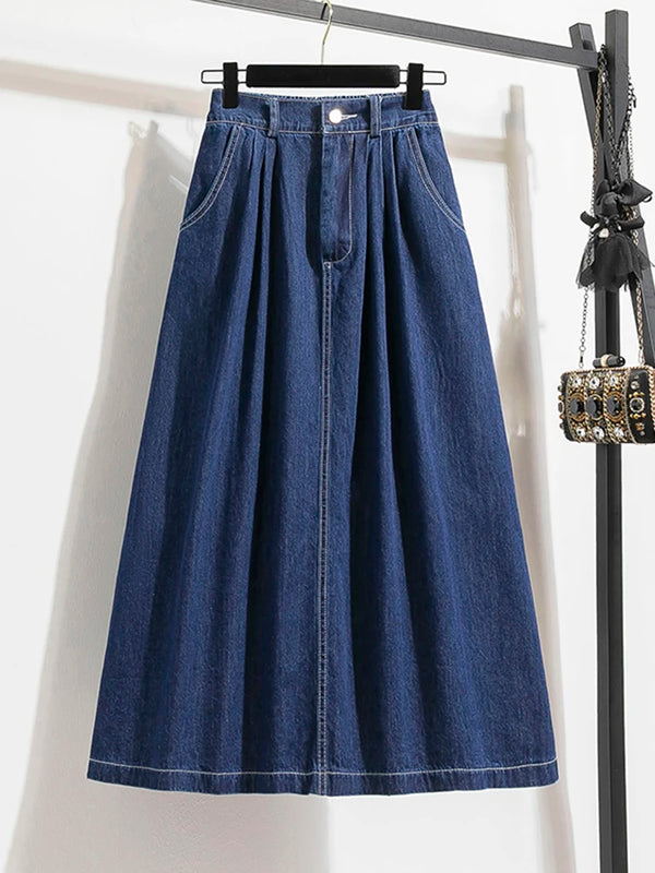 Plus Size Korean Denim Skirt | 2025 Empire Waist A-Line | Adjustable Length Pleated Maxi Skirt