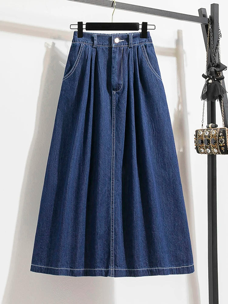 Plus Size Korean Denim Skirt | 2025 Empire Waist A-Line | Adjustable Length Pleated Maxi Skirt