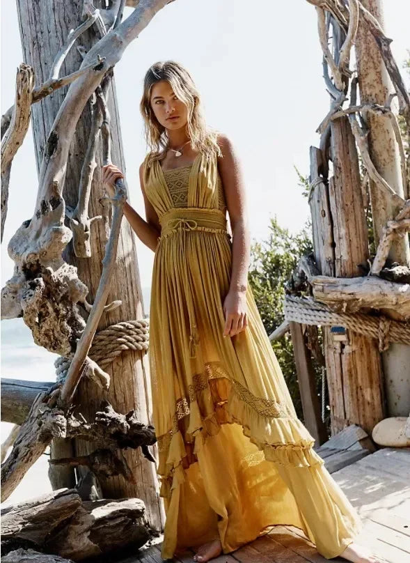 Boho Cotton Maxi Dress | Lace Trim Beach Cover Up - Women's Sleeveless Sundress with Elastic Waist & Ruffled Hem