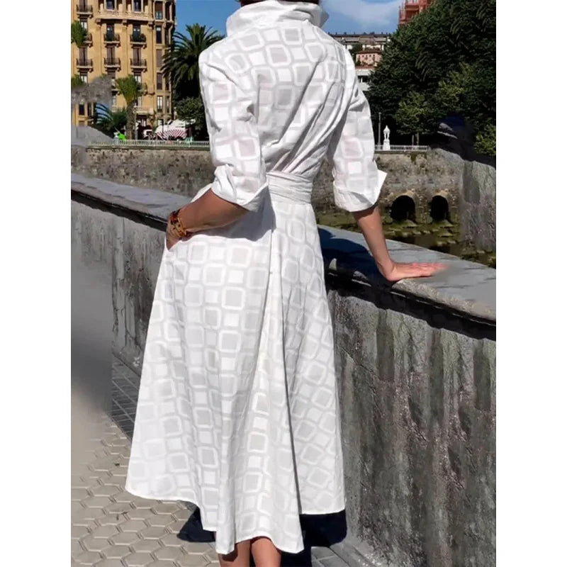 Retro Check Print Midi Dress with Lantern Sleeves & Pockets | Vintage A-Line Button Down Dress for Women