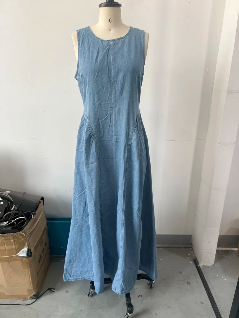 Backless Lace-Up Denim Maxi Dress | Sleeveless A-Line Summer Dress with Adjustable Corset Detail - High Street Fashion