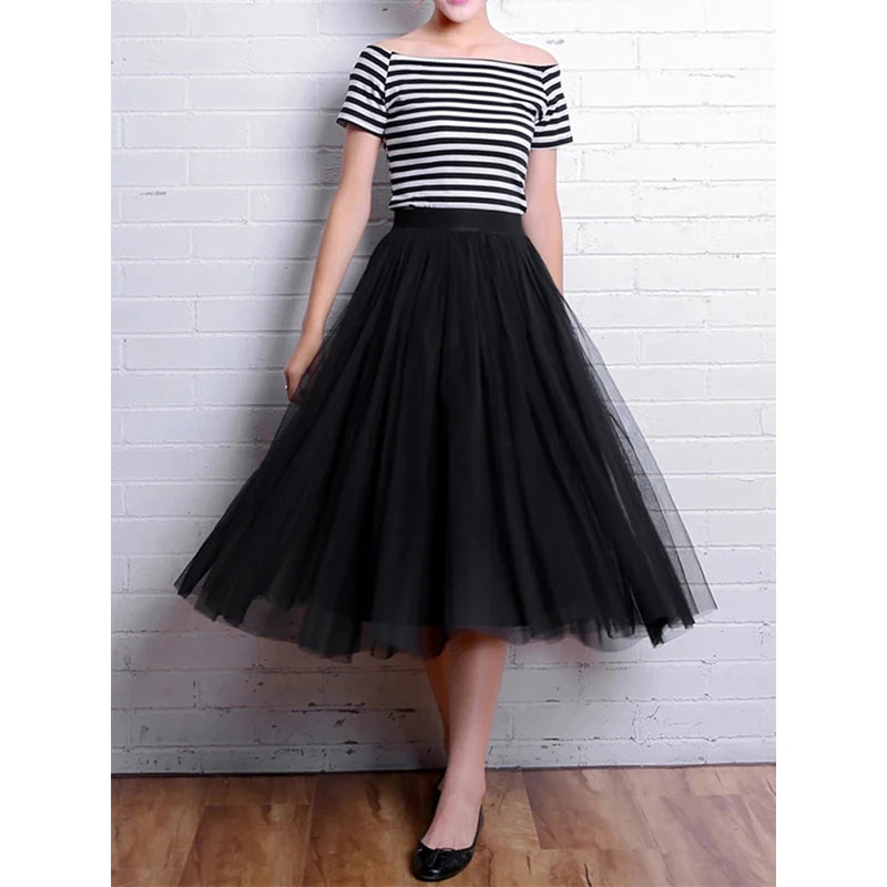 Korean A-Line Tulle Skirt | Empire Waist Mid-Calf Mesh Skirt | Vintage Pleated Streetwear