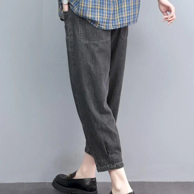 Women's Summer Wide-Leg Cropped Pants | Mid-Rise Elastic Waist | Embroidery Detail | Athletic Harem Style (Polyester Blend)