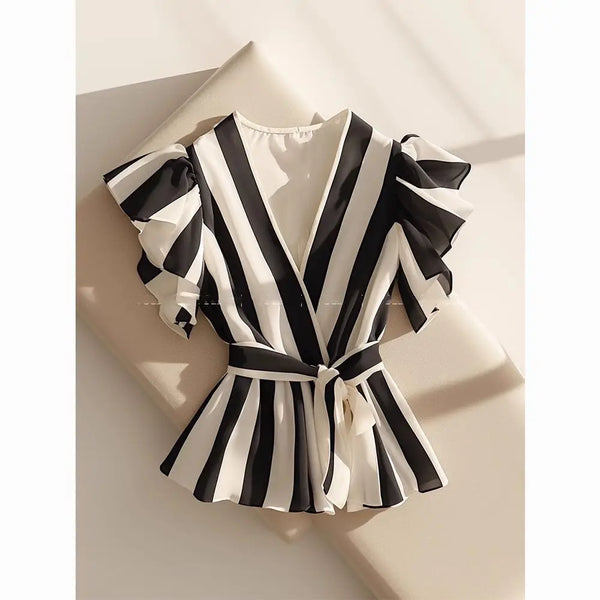 Women’s 2024 Summer Korean-Style V-Neck Striped Blouse – Short Sleeve Trendy Tops