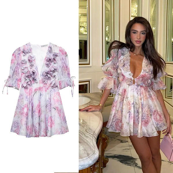 DUOPERI Women's 2025 Floral Pleated Mini Dress - V-Neck Chiffon Dress with Butterfly Sleeves | Spring-Summer Collection