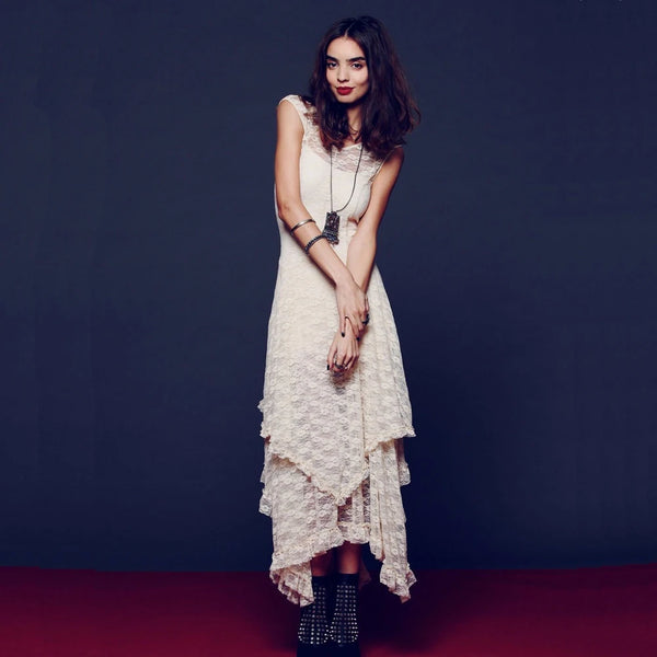 Vintage Lace Maxi Dress | Floral Embroidery Boho Dress with Backless Design & Empire Waist - Women's Summer Party Dress