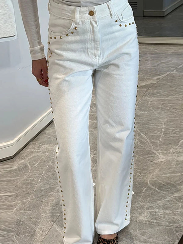 Women's Wide-Leg Jeans | High-Waisted Metal Rivet Denim | Distressed Vintage Trousers with Embroidered Flares