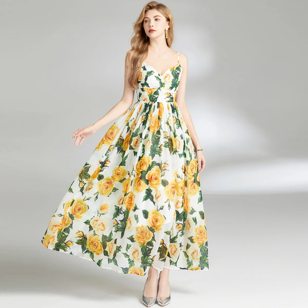 Boho Women's Floral Maxi Dress | Yellow Spaghetti Strap Empire Waist Chiffon Dress - Summer Beach Holiday Dress (Banulin)