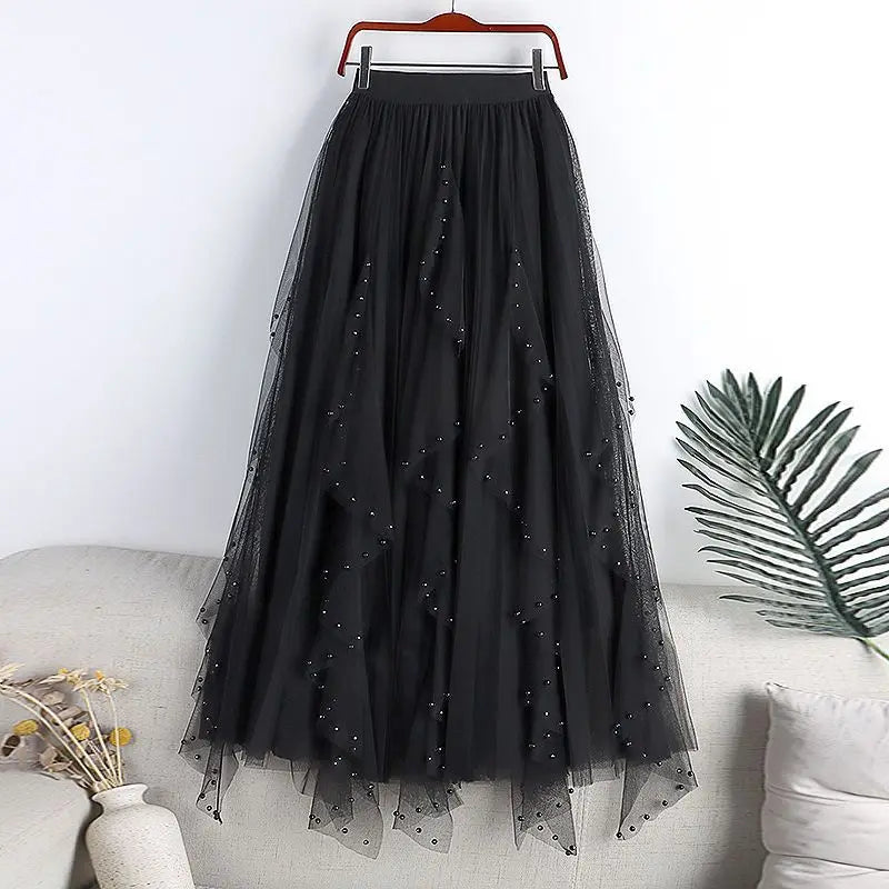 Chamliforve Women's Tulle Fairy Skirt | Empire Waist Ankle-Length Tutu | Beaded A-Line Mesh Skirt (One Size)