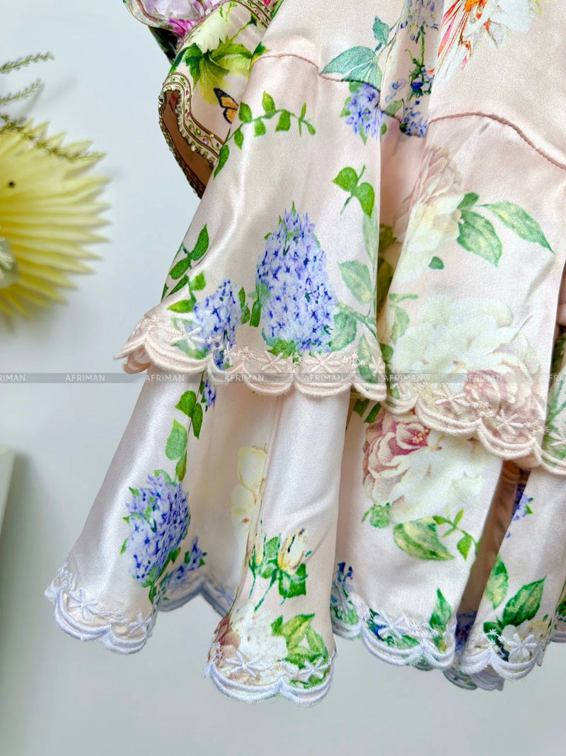Women's Silk Mini Dress | Vintage V-Neck with Crystal Beads & Floral Print