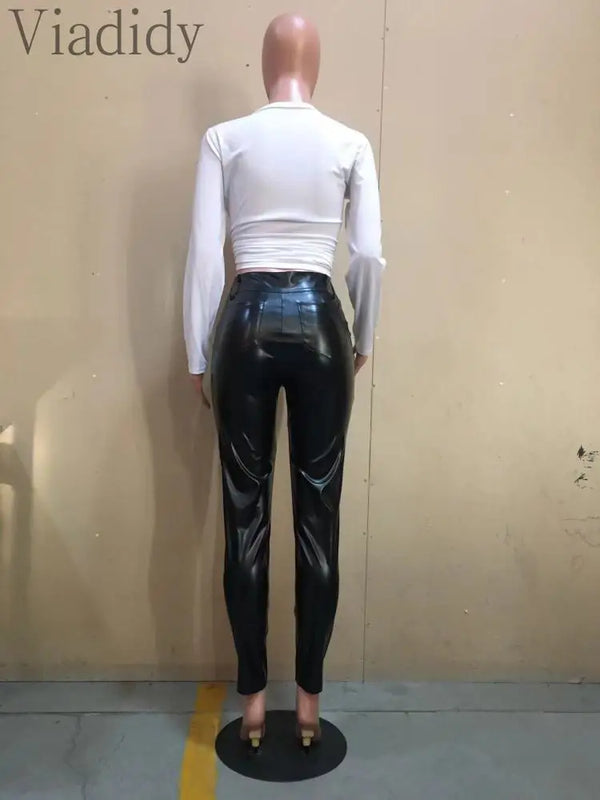 Viadidy Women's High Waist PU Leather Pencil Pants - Skinny Fit Winter Trousers with Elastic Waist & Pockets