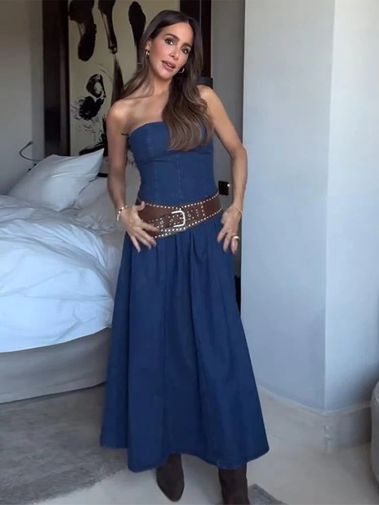 Fashion Off Shoulder Dress For Women Denim Backless Sleeveless Slim Long Dresses Female 2025 Spring Summer Lady Vestidos