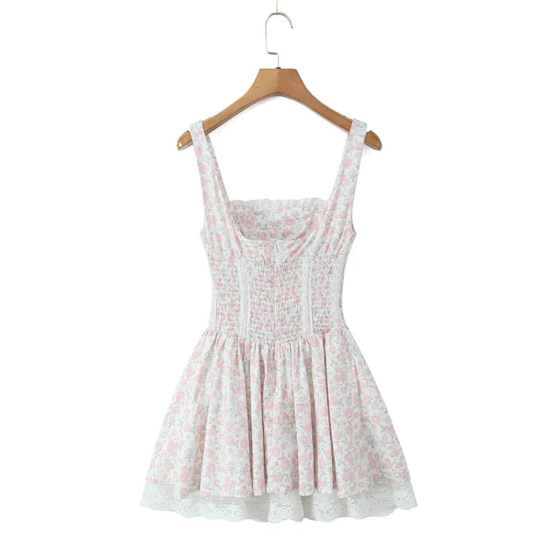 YENKYE Women's Floral Lace Mini Dress - Prairie Chic A-Line w/ Bandage Detail & Spaghetti Straps | Summer Holiday Party Wear